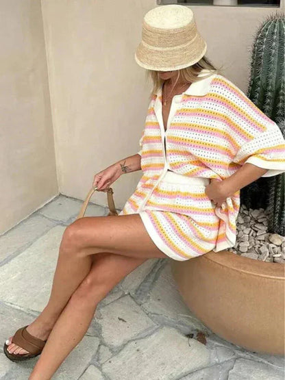 Ladies' striped summer trousers with top and shorts – Faye