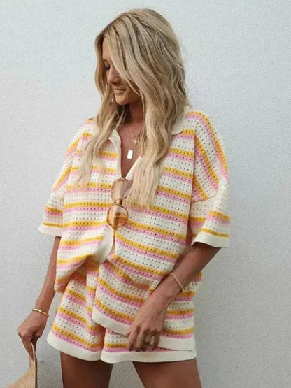 Ladies' striped summer trousers with top and shorts – Faye