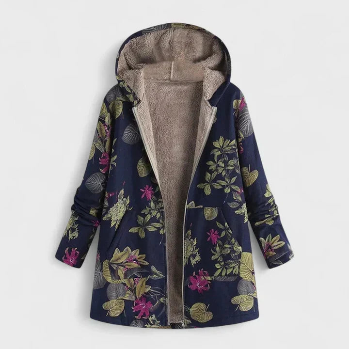 Navy hooded parka with pink flowers and olive leaves, unzipped to reveal the beige fleece lining 3