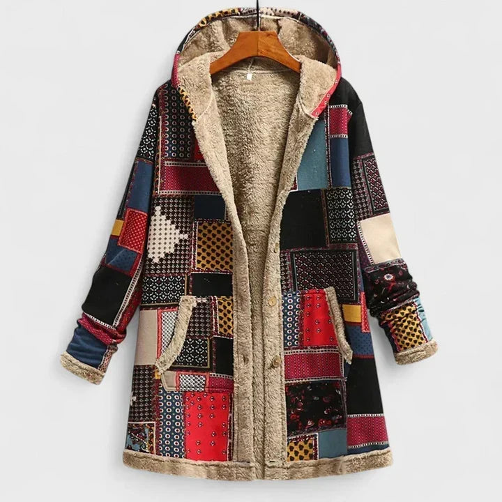 Hooded coat in colourful patchwork print of red, black and blue squares, with fleece trim and buttons 5
