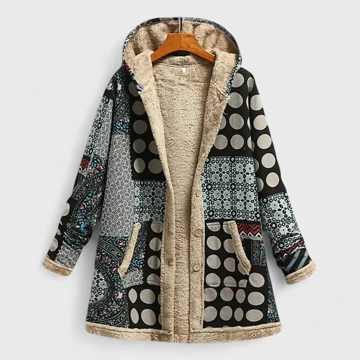 Hooded coat in black and grey polka dot and patchwork print, buttoned, with fleece trim and pockets 4