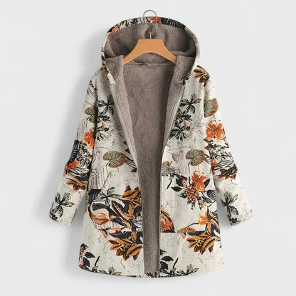 Cream hooded parka on a hanger with orange and olive leaf print and soft fleece lining 1