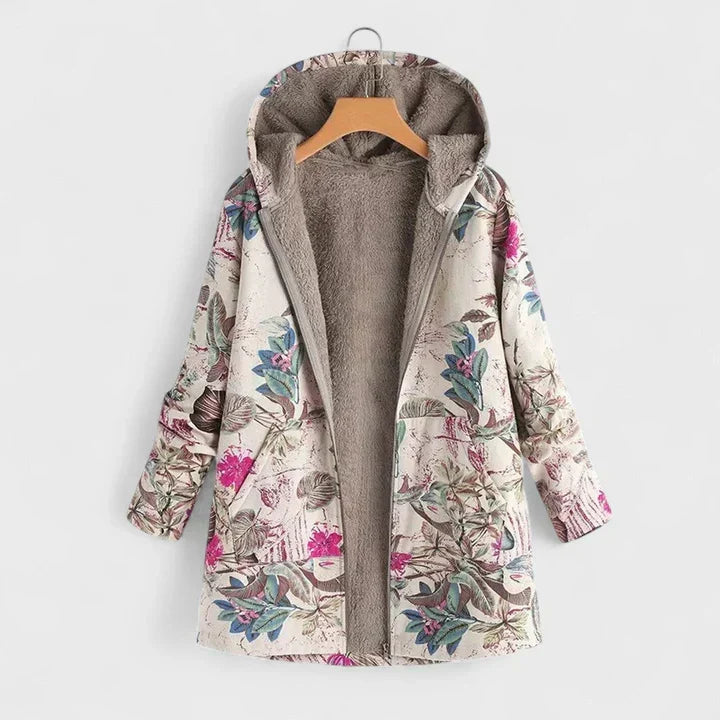 Cream hooded parka with pink flowers and blue-green leaves, hanging open to show the fleece lining 2