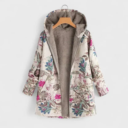Cream hooded parka with pink flowers and blue-green leaves, hanging open to show the fleece lining 2