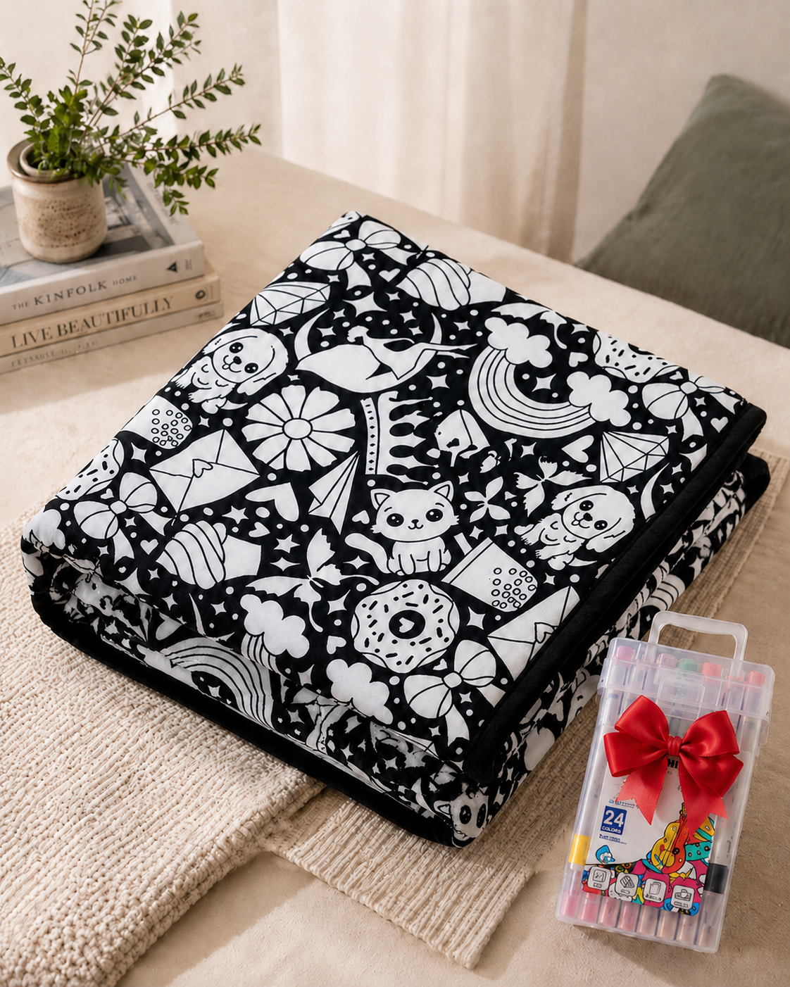 Folded black blanket printed with white outlines of cats, dogs, rainbows and donuts, beside a bowed pen set 7