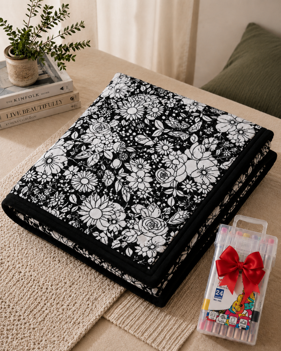 Folded black and white floral blanket on a beige surface beside a boxed set of markers with a red bow 1