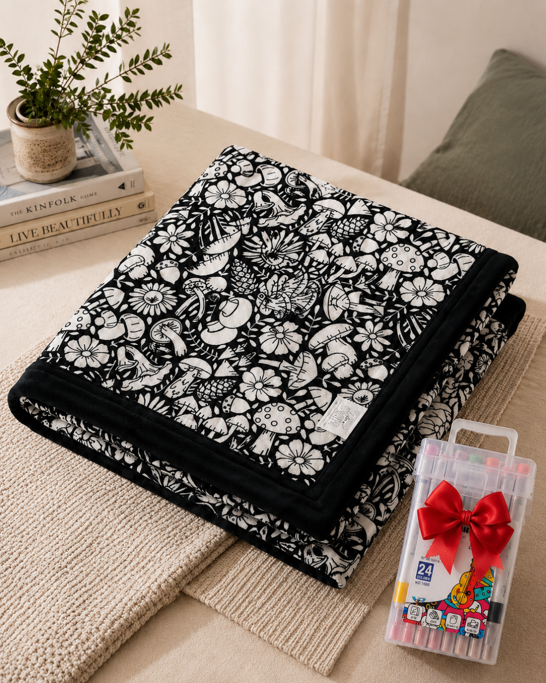 Folded black blanket printed with white mushroom and daisy outlines, with a black border and a bowed box of pens 9