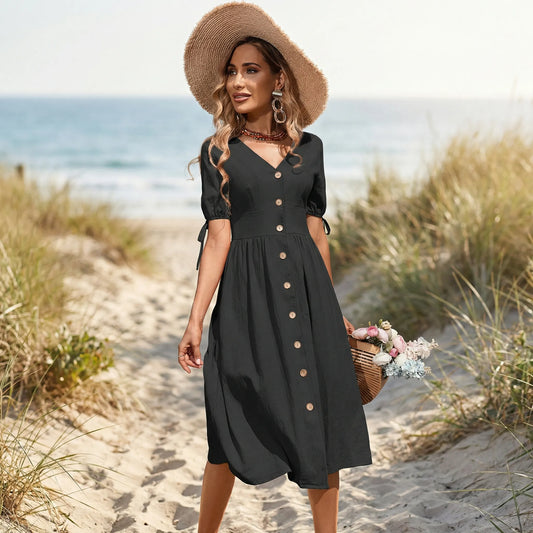 V-Neck Button-Down Summer Dress - Maxine