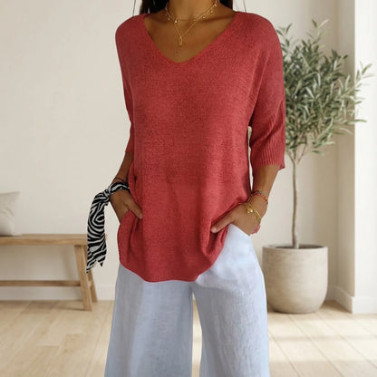 V-Neck Knit Top With Half Sleeves - Kristine