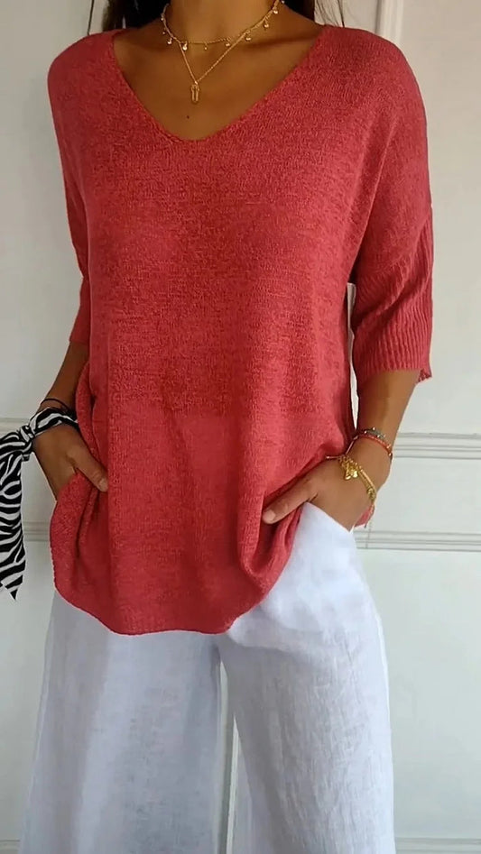 V-Neck Knit Top With Half Sleeves - Kristine