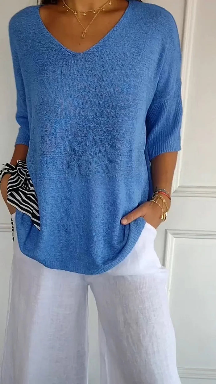 V-Neck Knit Top With Half Sleeves - Kristine