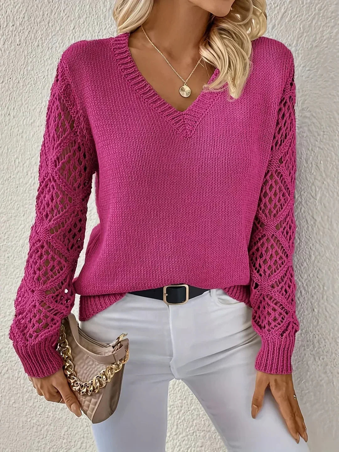 V-Neck Knitted Jumper With Open-Weave Sleeves - Audrey