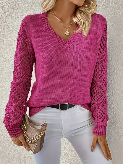 V-Neck Knitted Jumper With Open-Weave Sleeves - Audrey