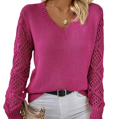 V-Neck Knitted Jumper With Open-Weave Sleeves - Audrey