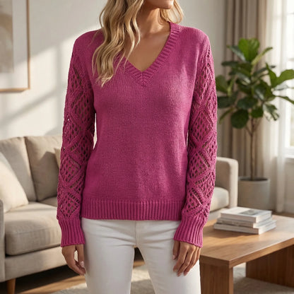 V-Neck Knitted Jumper With Open-Weave Sleeves - Audrey