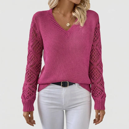 V-Neck Knitted Jumper With Open-Weave Sleeves - Audrey