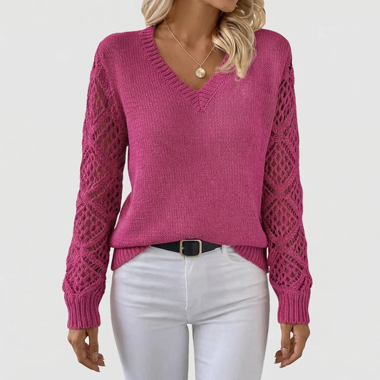 V-Neck Knitted Jumper With Open-Weave Sleeves - Audrey