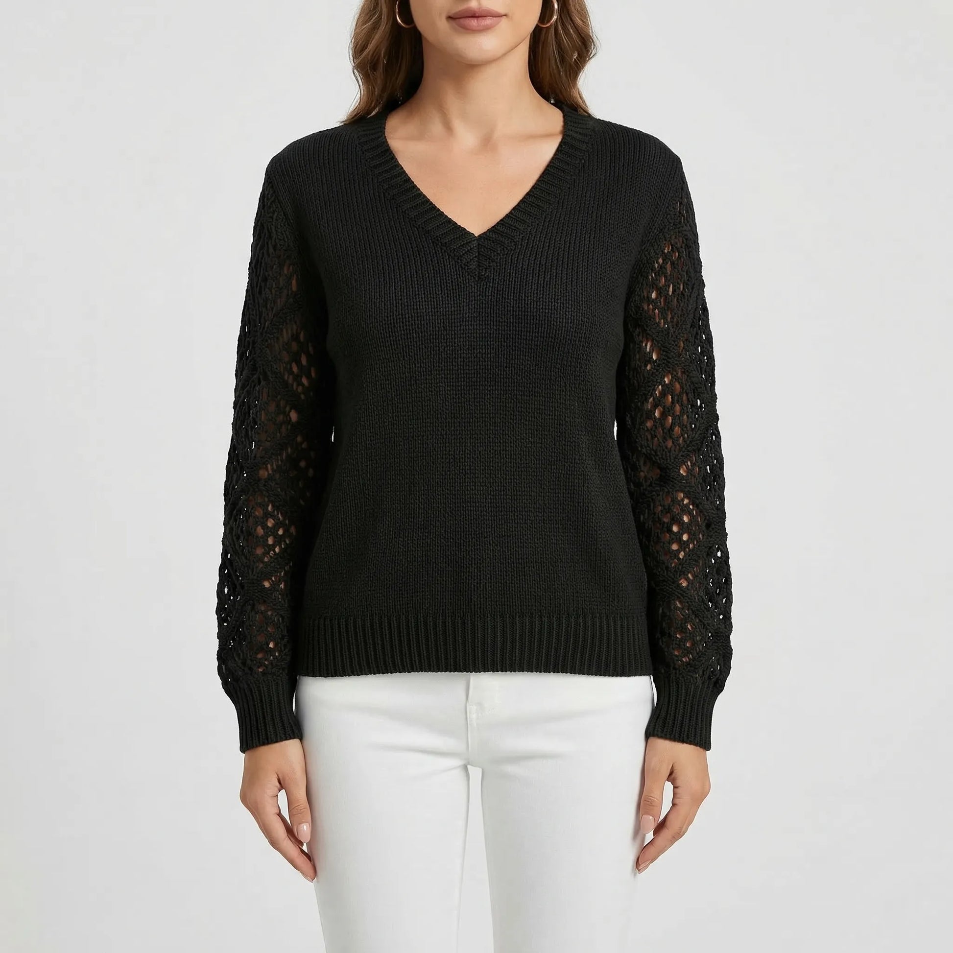 V-Neck Knitted Jumper With Open-Weave Sleeves - Audrey