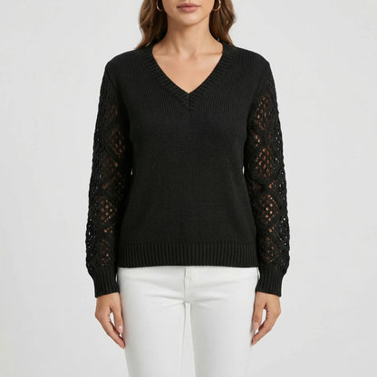V-Neck Knitted Jumper With Open-Weave Sleeves - Audrey