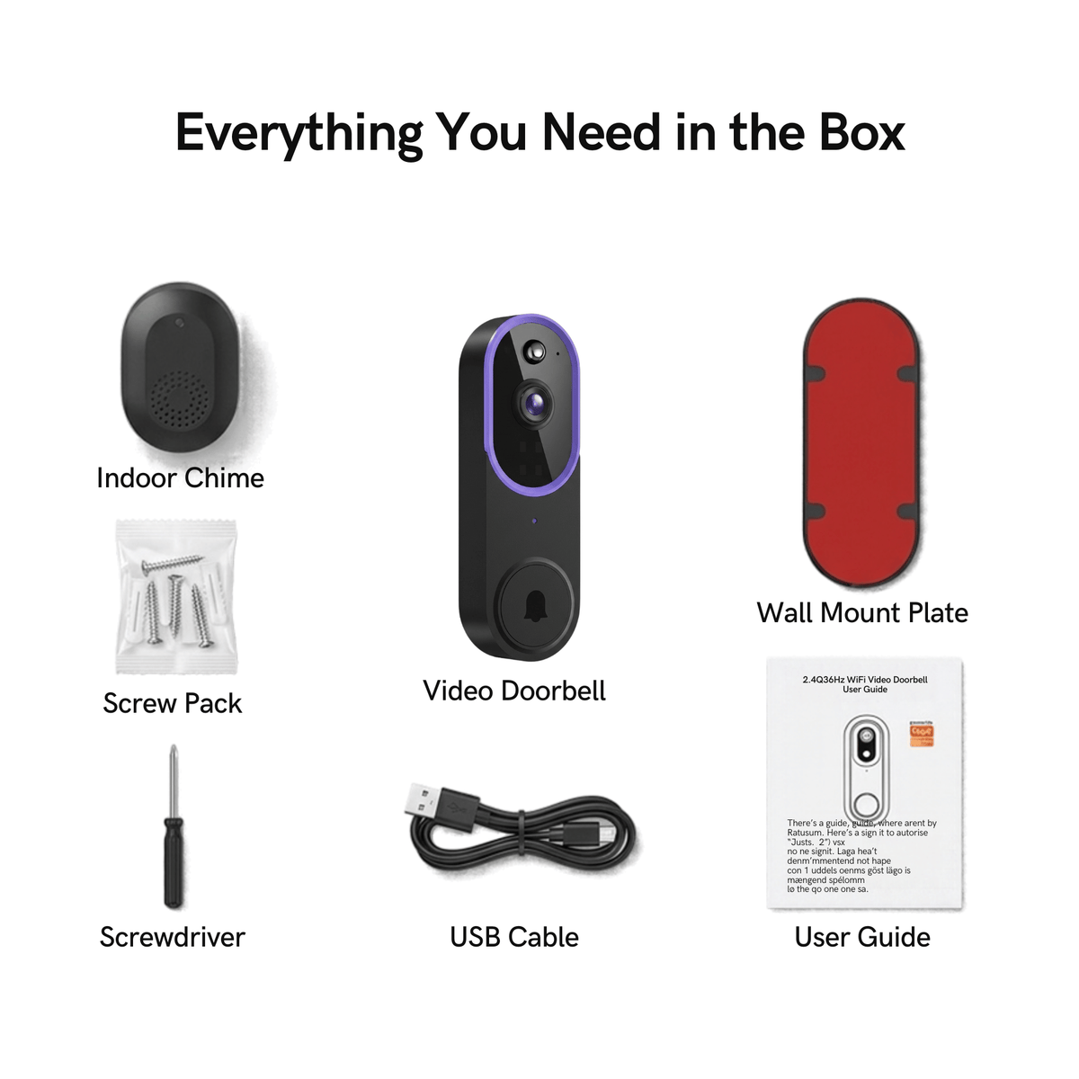 Flat lay of the box contents: doorbell, indoor chime, mount plate, screw pack, screwdriver, USB cable and user guide 7