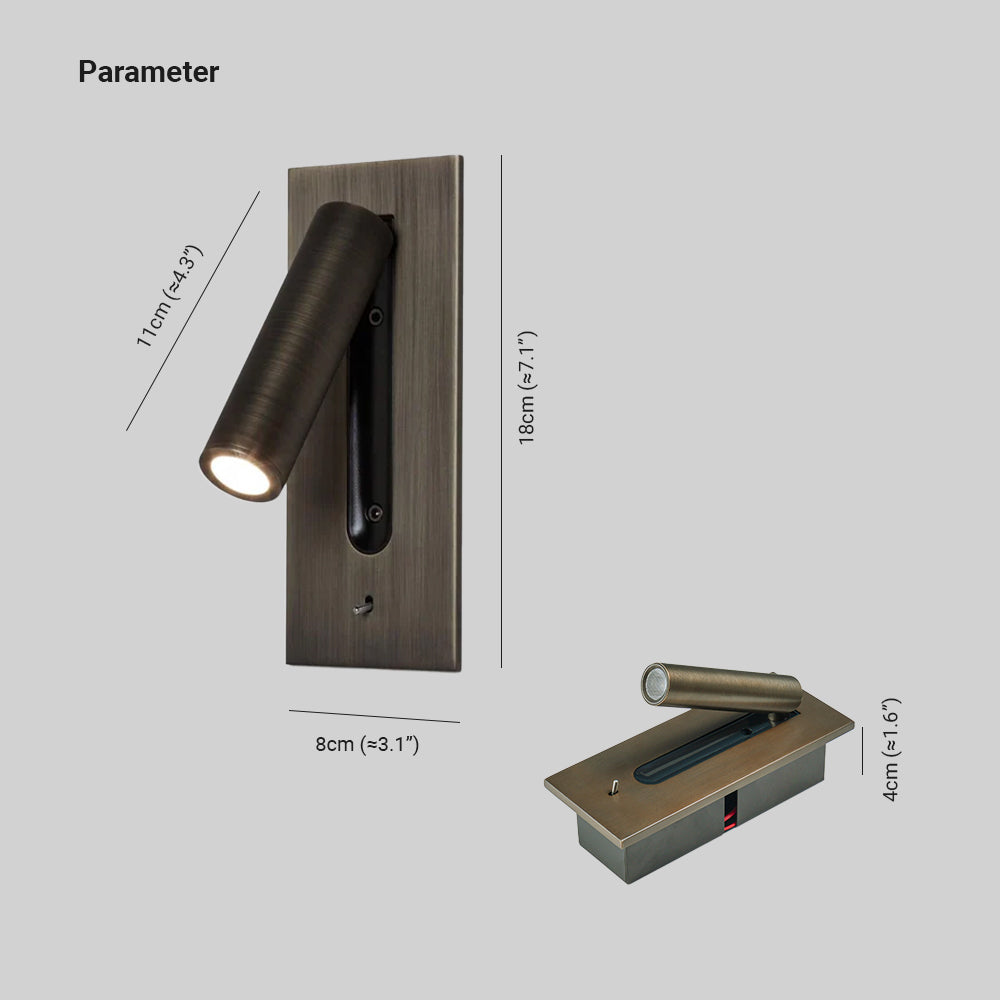 Bronze wall light shown with dimensions marked, plus a side view of the shallow recessed body 4