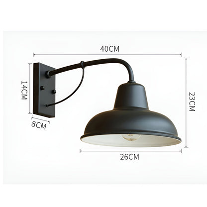 Dimensions diagram of the black wall light, marking arm projection, shade width, overall height and backplate size. 9