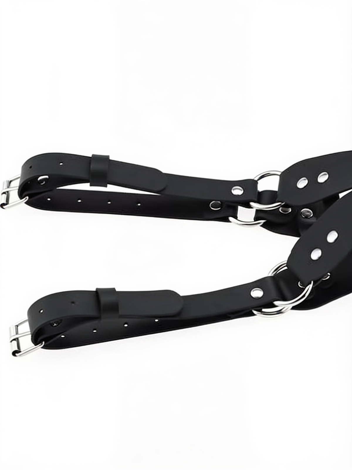 Detail of the two adjustable straps, with silver buckles, punched holes and metal rings at the ends 4