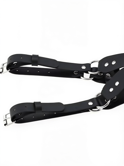 Detail of the two adjustable straps, with silver buckles, punched holes and metal rings at the ends 4