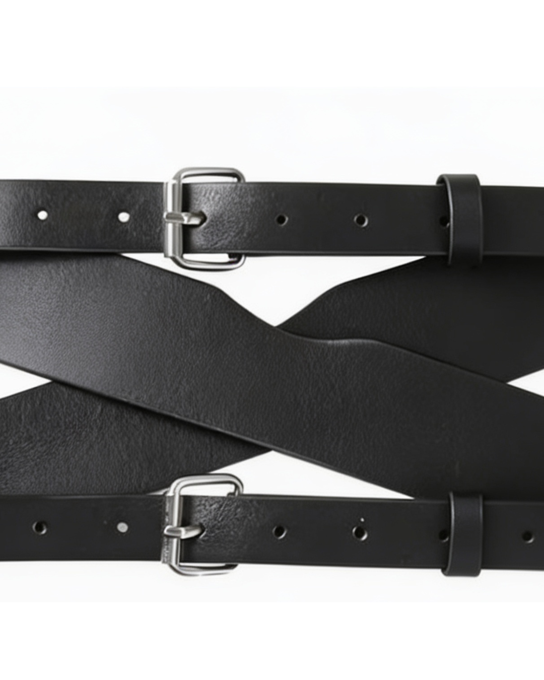 Close-up of the black crossed straps showing the textured surface, silver buckles and adjustment holes 6