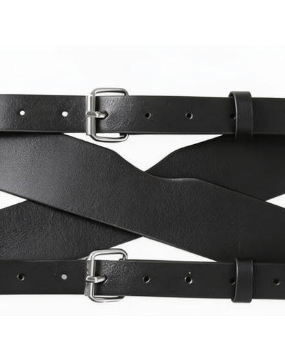 Close-up of the black crossed straps showing the textured surface, silver buckles and adjustment holes 6