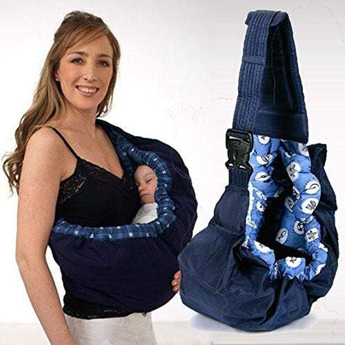 Woman wearing the navy sling with a sleeping baby beside a second view of the sling hanging with its buckle 5