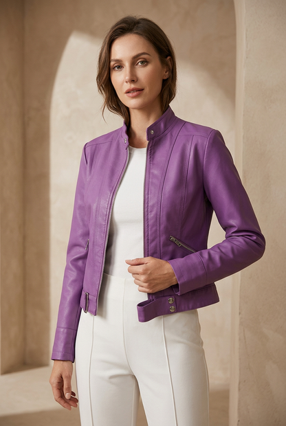 Model wearing the purple cropped jacket unzipped over a white top and trousers, with a stand collar 1