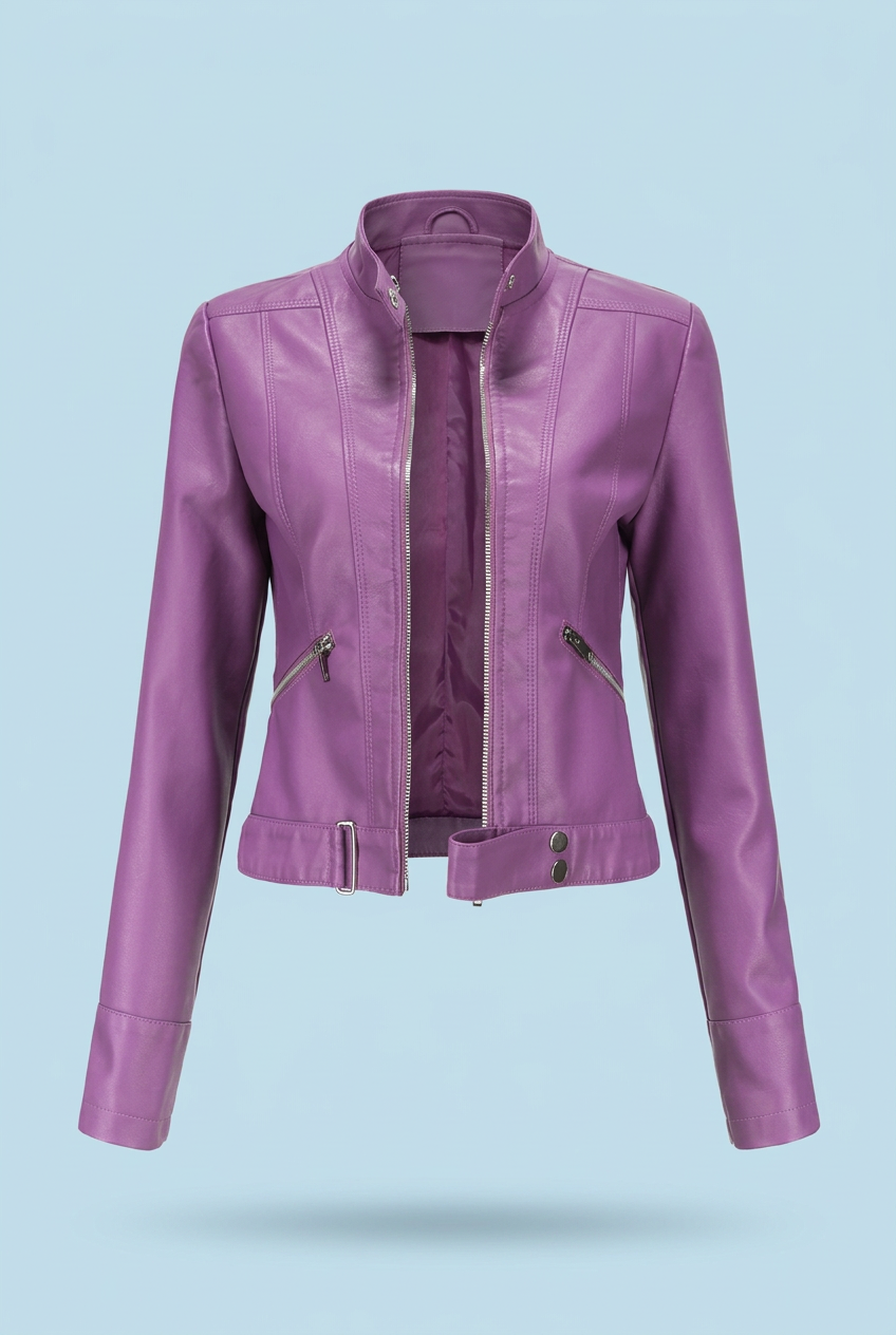 Purple jacket front view with the zip open, showing the lining, collar and belted hem 3