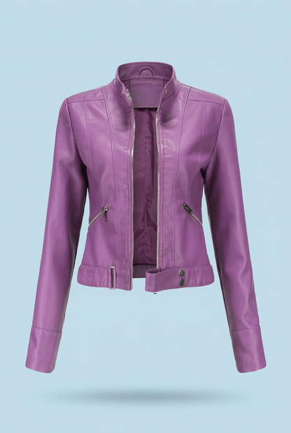 Purple jacket front view with the zip open, showing the lining, collar and belted hem 3
