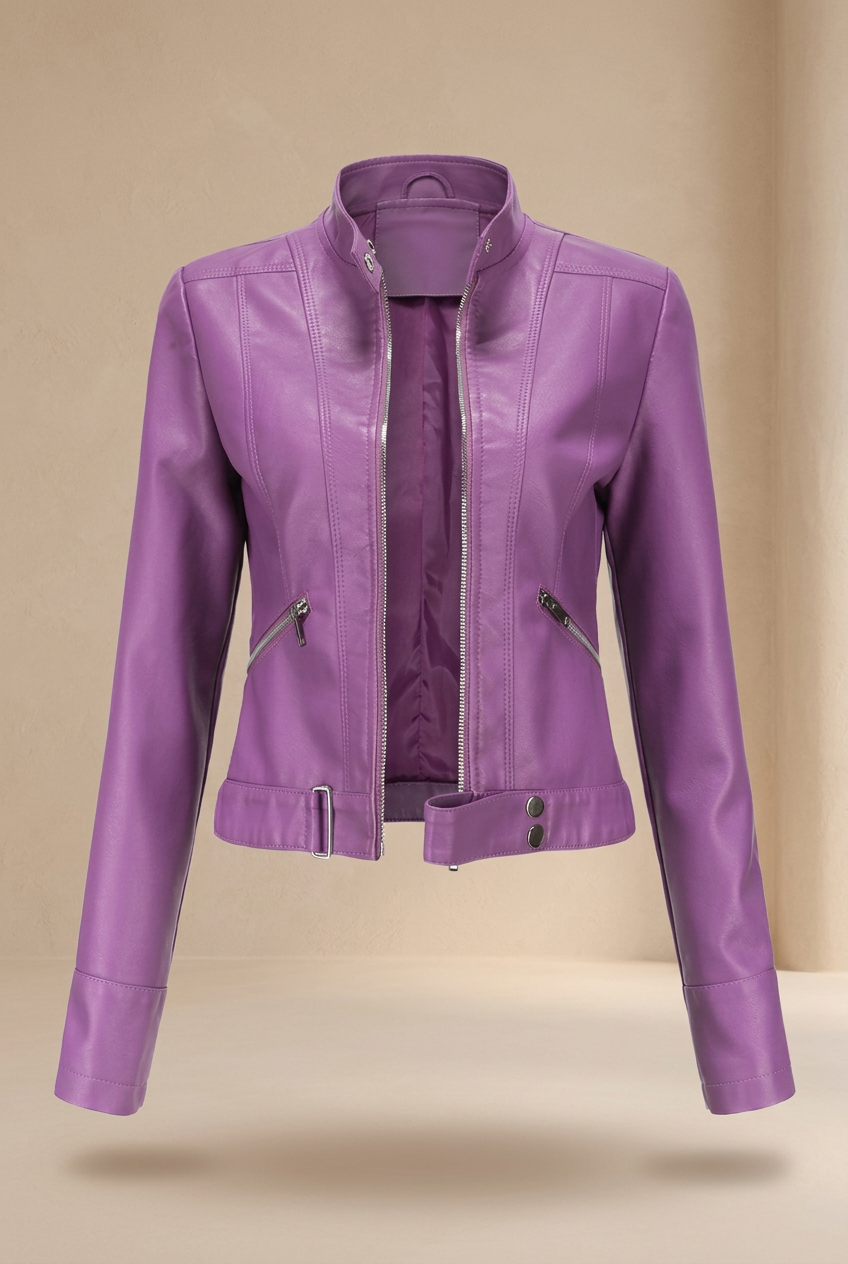 Purple jacket unzipped, displayed against a warm beige studio backdrop with a soft shadow beneath 9