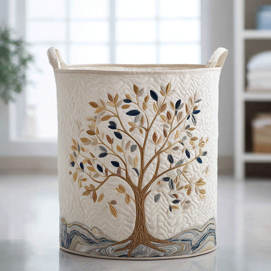 Cream quilted round basket with an embroidered tree design and two fabric handles, in a bright room 1