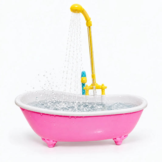 Pink clawfoot-style bird bath with a yellow overhead shower spraying water into the tub, with droplets splashing on a white background. 1