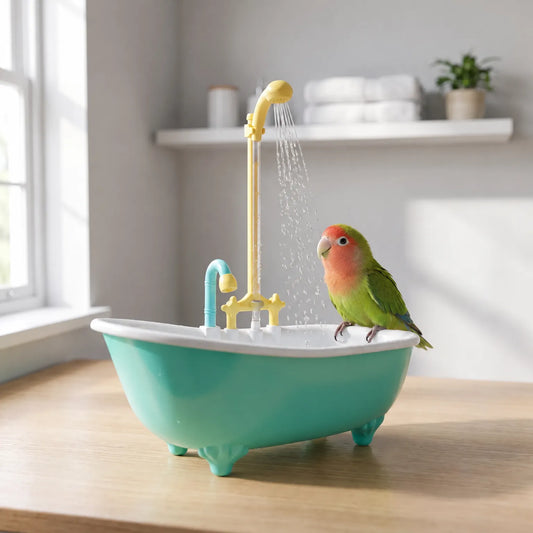 Peach-faced lovebird perched on the rim of a turquoise bath while the yellow shower runs, in a bright bathroom-style setting. 2