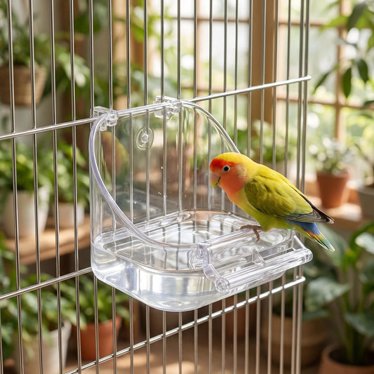 Clear plastic bath hooked onto cage bars, holding water, with a green, orange and yellow lovebird perched on its front bar. 2