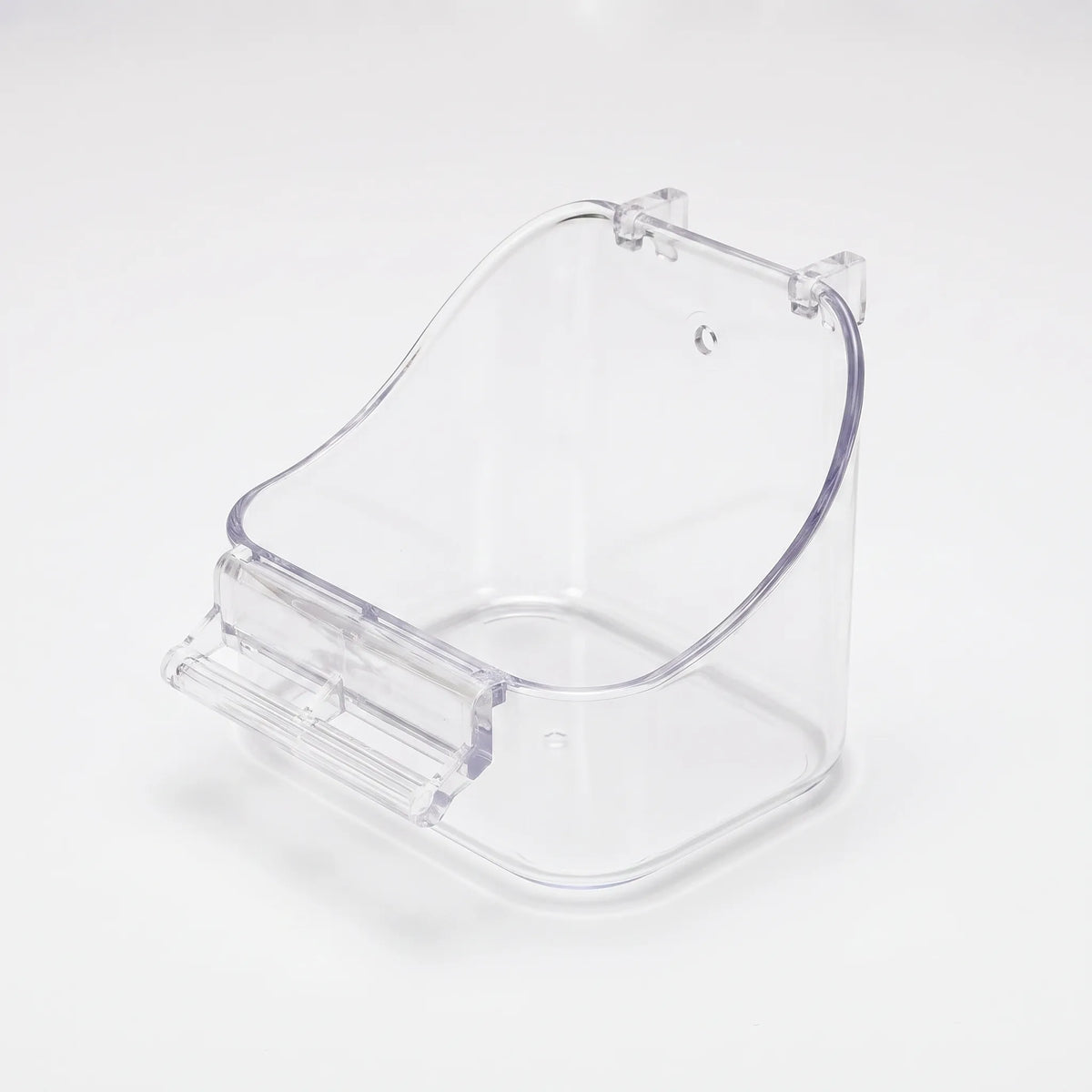 Clear plastic version of the hanging bath on a white background, showing the curved back, top hooks and front perch bar. 4