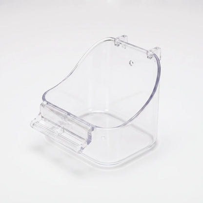 Clear plastic version of the hanging bath on a white background, showing the curved back, top hooks and front perch bar. 4