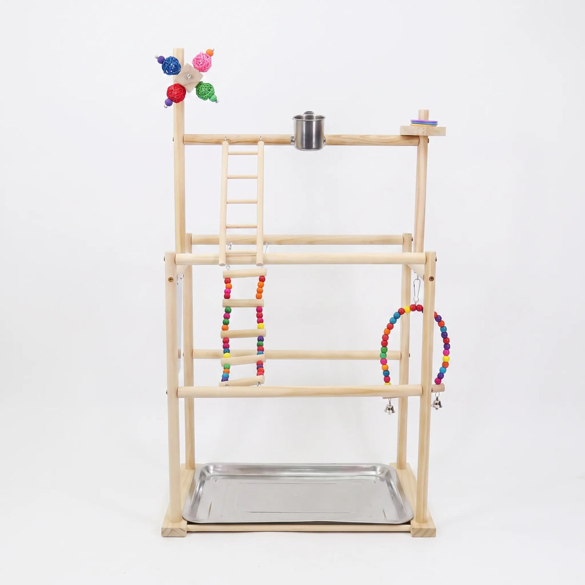 Front view of the wooden multi-level playstand on a plain white background, with rope ladder, beaded swing, steel food cup and metal tray. 1