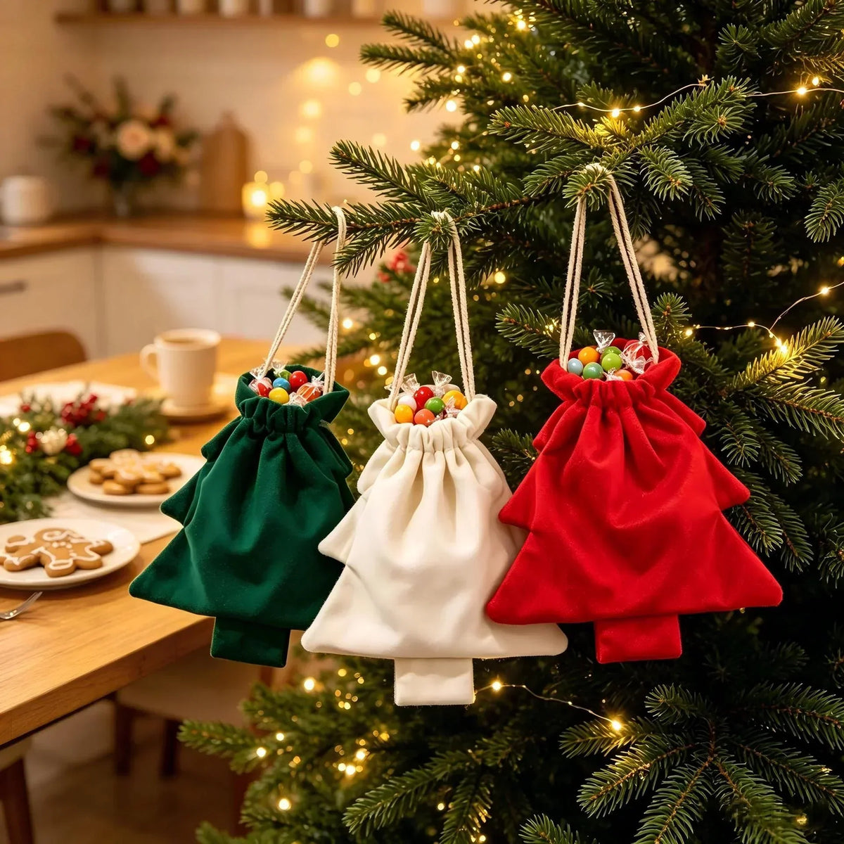 Three tree-shaped drawstring bags full of sweets hang on a Christmas tree beside a table of gingerbread biscuits 2