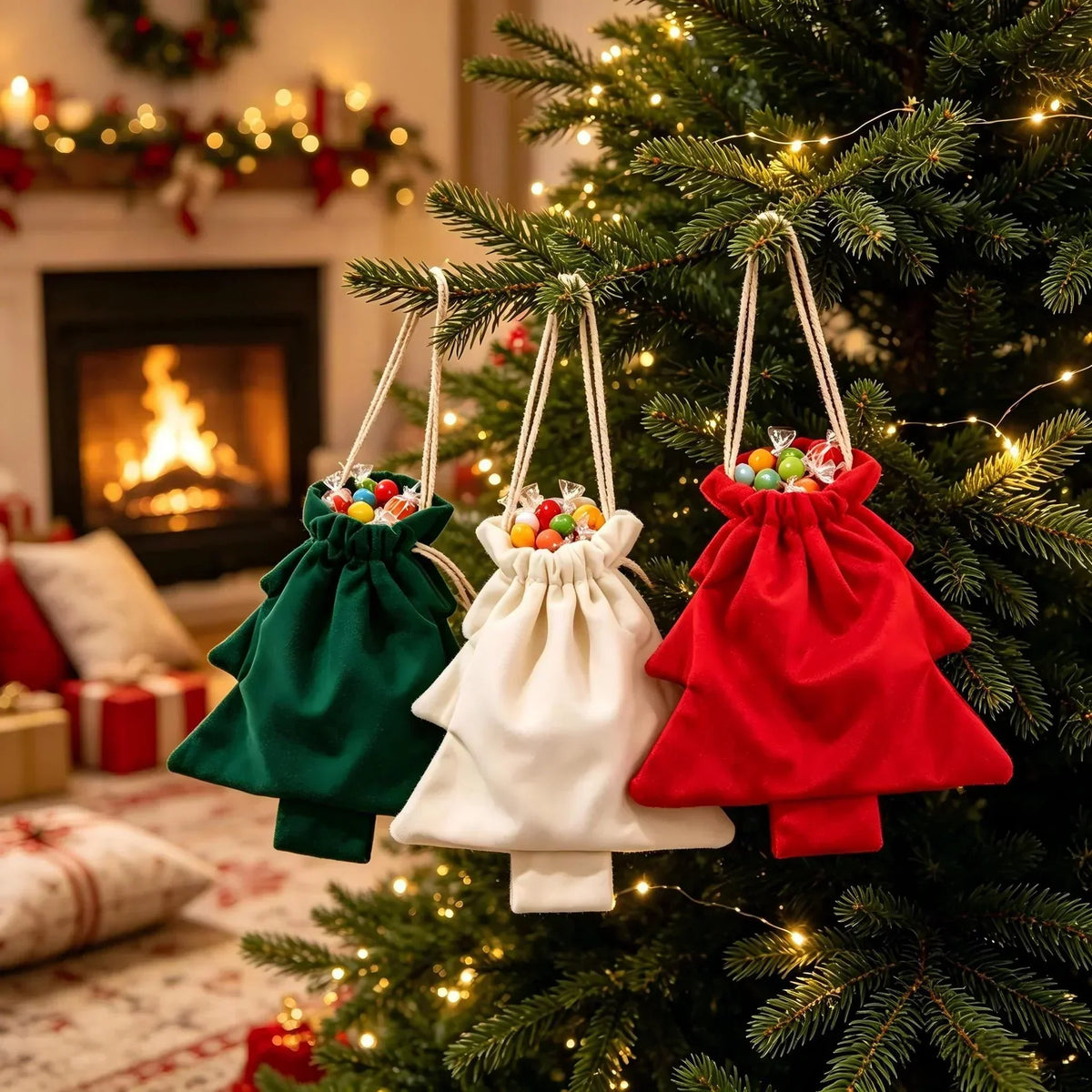 Green, cream and red bags with rope handles hang on a tree in front of a lit fireplace 3