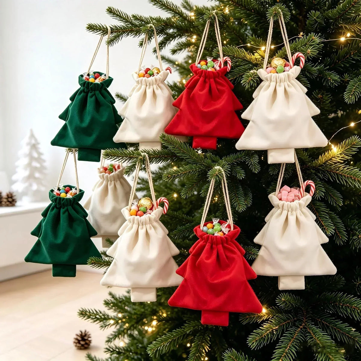 Eight tree-shaped bags in green, cream and red hang on a fir tree, some holding candy canes 4