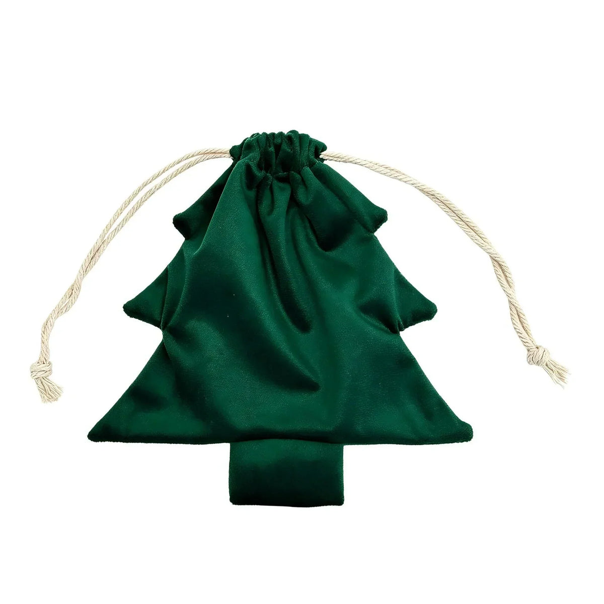Single green tree-shaped bag with gathered top and knotted cream cotton drawstring, shown flat on white 6