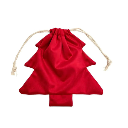 Single red tree-shaped bag with gathered top and knotted cream cotton drawstring on a white background 7