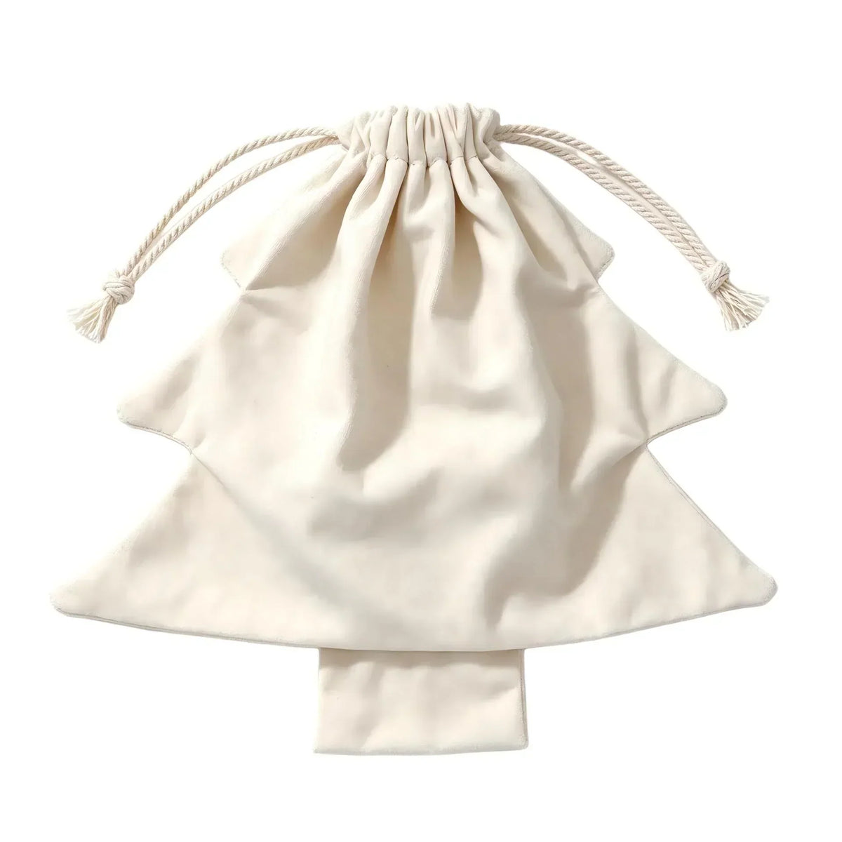 Single cream tree-shaped bag with gathered neck and twisted knotted drawstring cords on a white background 8