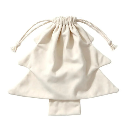 Single cream tree-shaped bag with gathered neck and twisted knotted drawstring cords on a white background 8