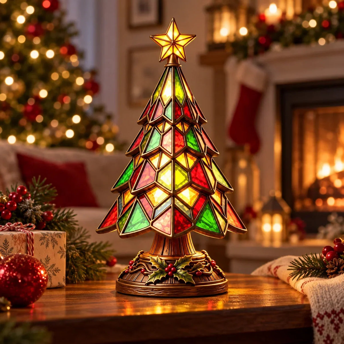Glowing stained-glass tree lamp on a wooden table beside a fireplace, stocking and Christmas tree 1